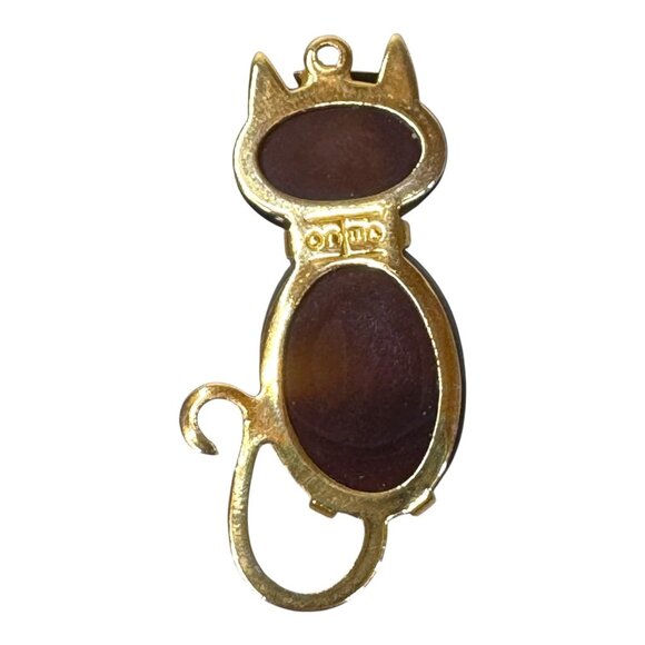 VTG Signed Gold Hobco House of Borvani Tiger Eye Cabochon green eyes Cat pendant - Picture 2 of 5